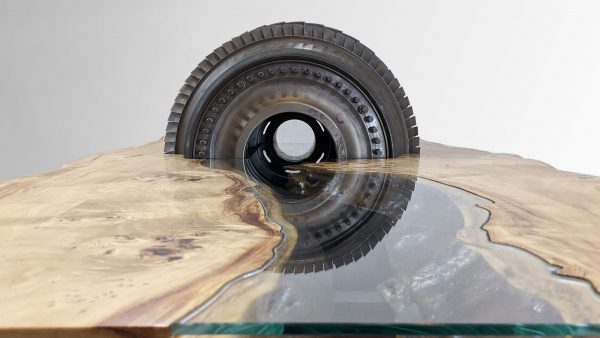 Glass river table, jet engine